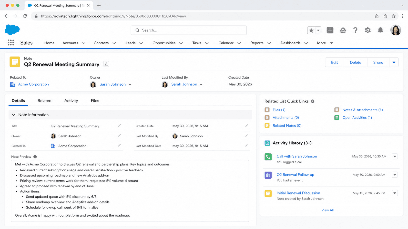 Note record summarizing a Q2 renewal meeting with Acme Corporation, with formatted body text and related attachments.
