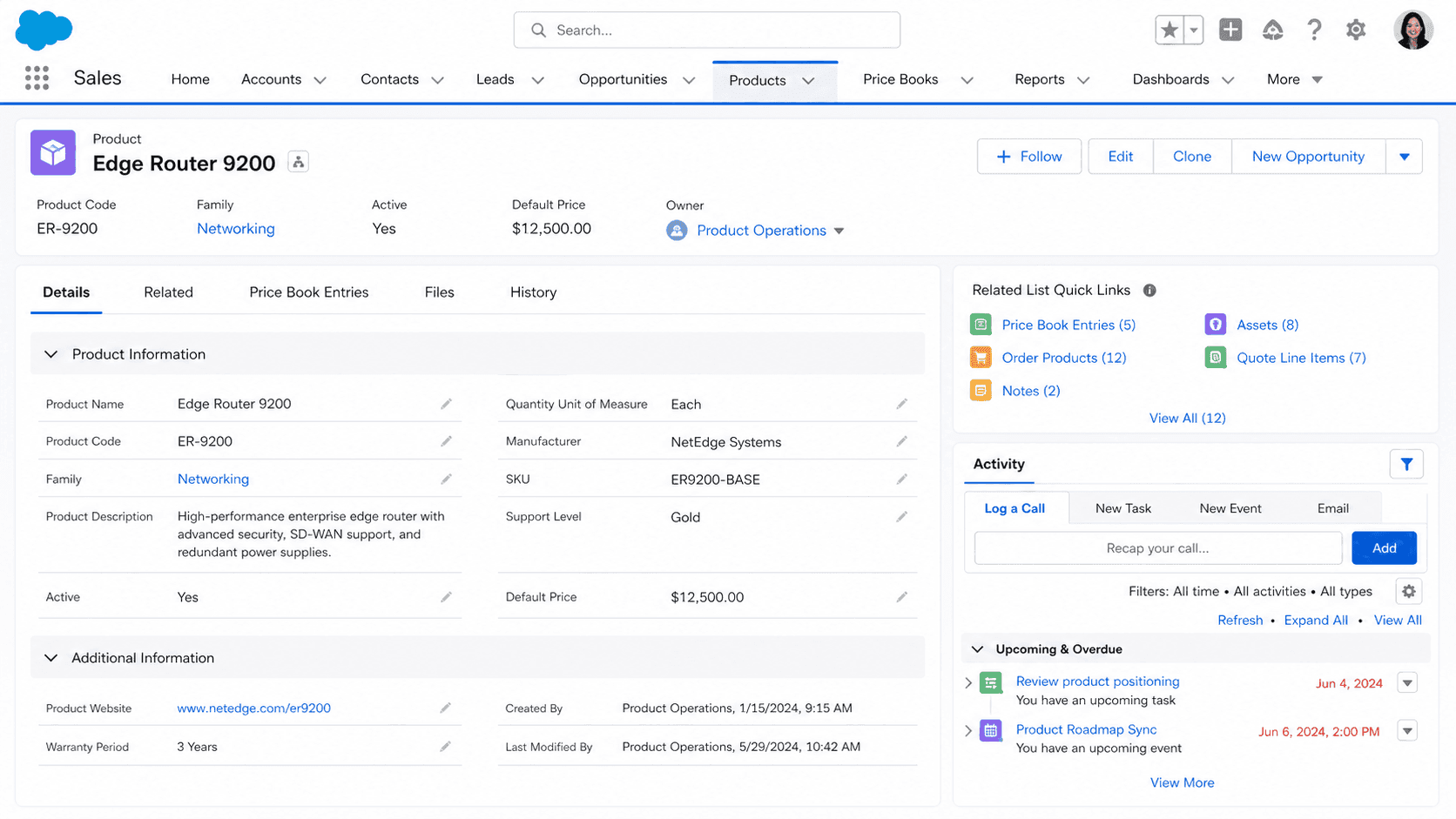 Product record for an Edge Router 9200 with product code, family, default price, and related Price Book Entries and Assets.