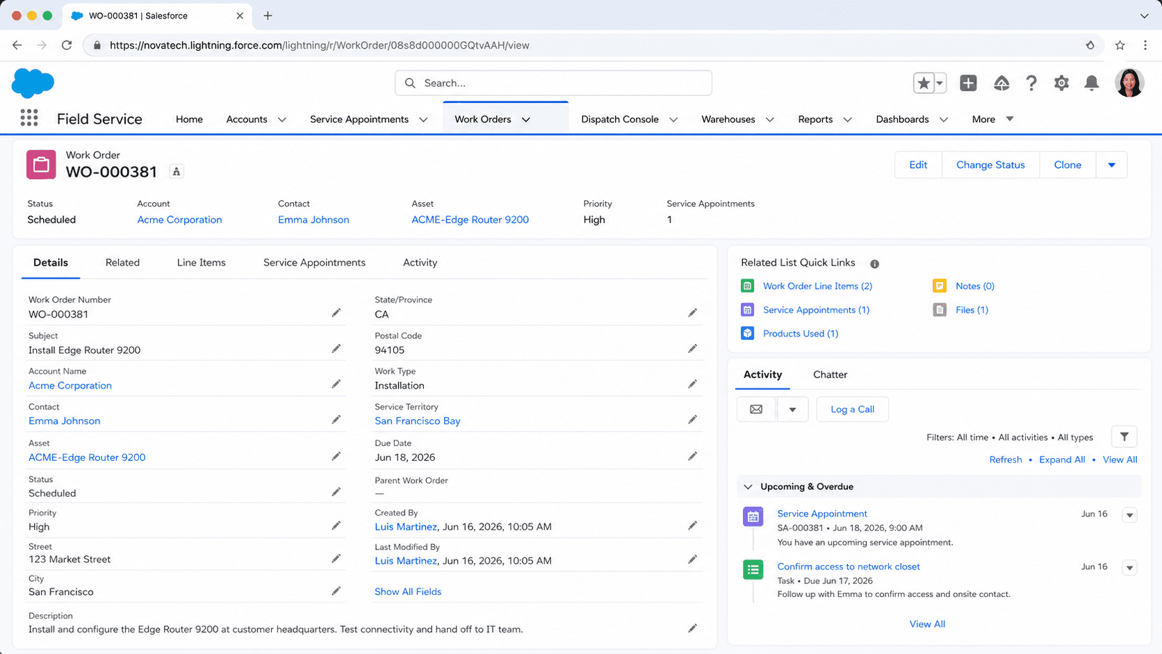 Work Order record for an installation job with account, status, priority, line items, service appointments, and address.