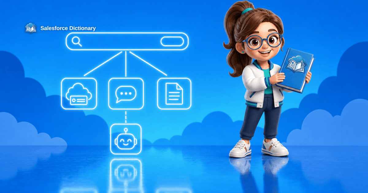 The Salesforce Dictionary mascot beside a search bar routing one question to connected data and agents