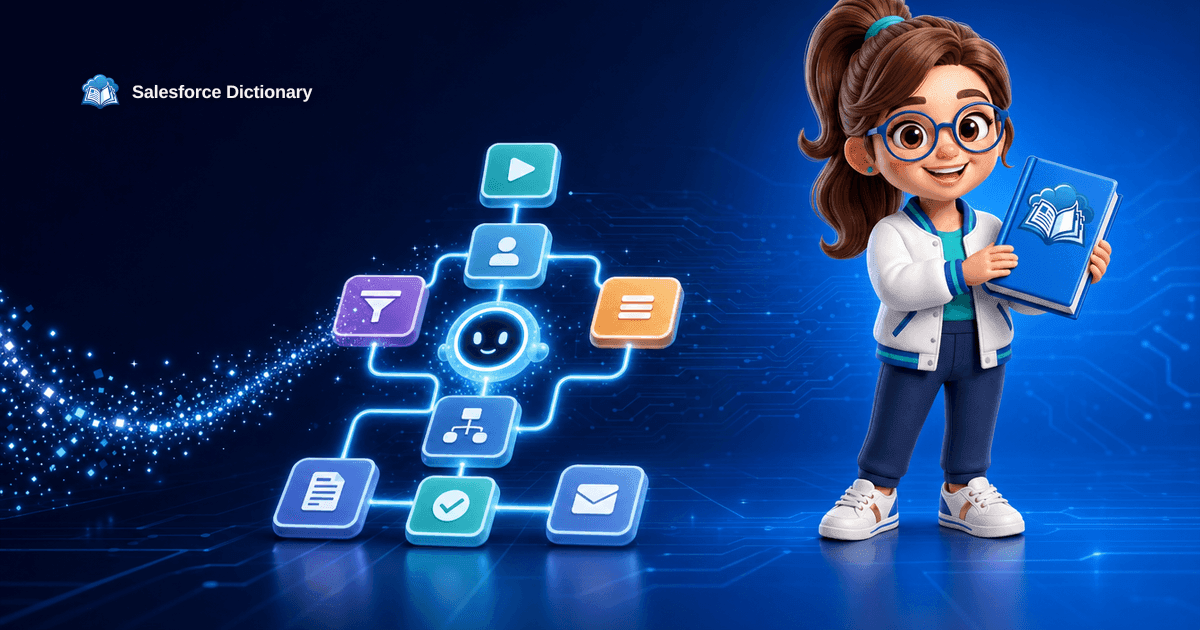 Salesforce Dictionary mascot drafting a flow with Agentforce AI assistance in Flow Builder