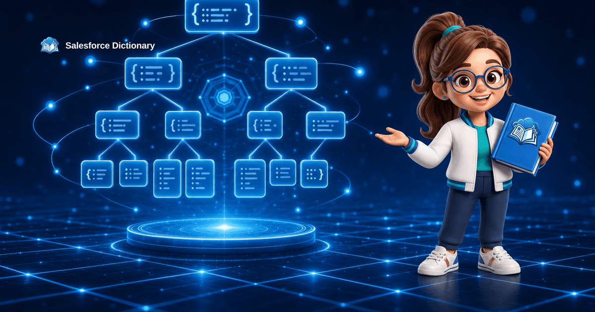 The Salesforce Dictionary mascot beside a glowing map of Apex classes, interfaces, and methods feeding an AI coding agent