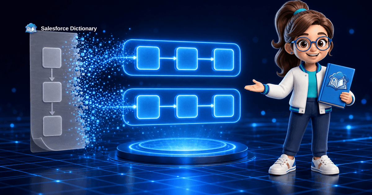 The Salesforce Dictionary mascot beside a classic approval process rebuilding itself into a Flow approval orchestration