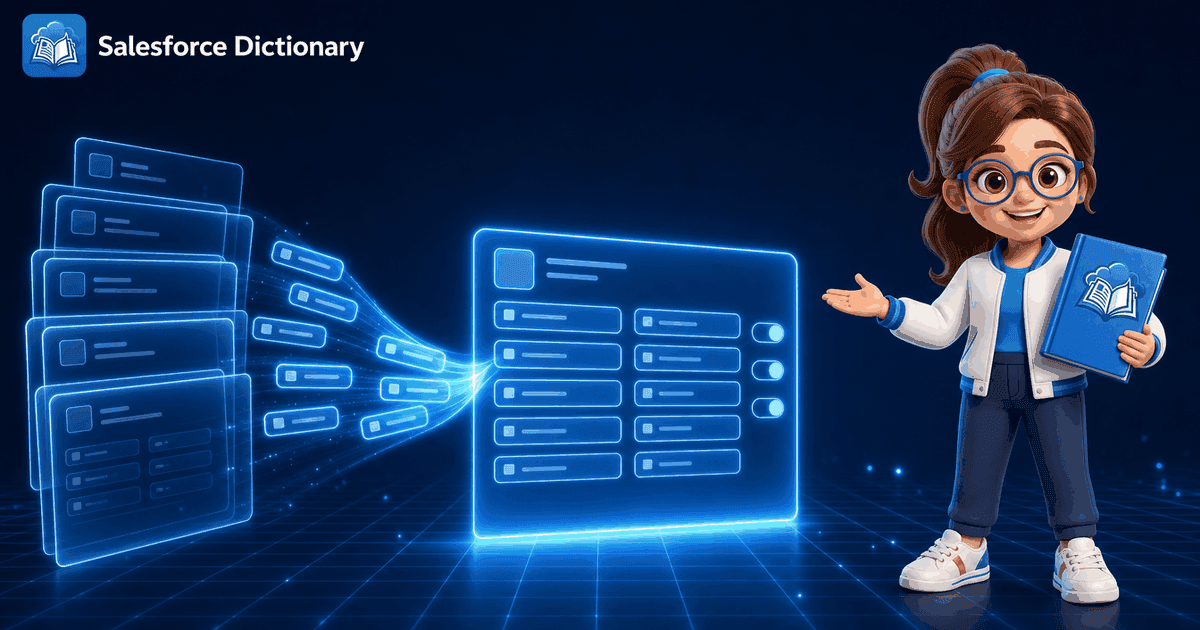 The Salesforce Dictionary mascot rebuilding a record page from page layout fields