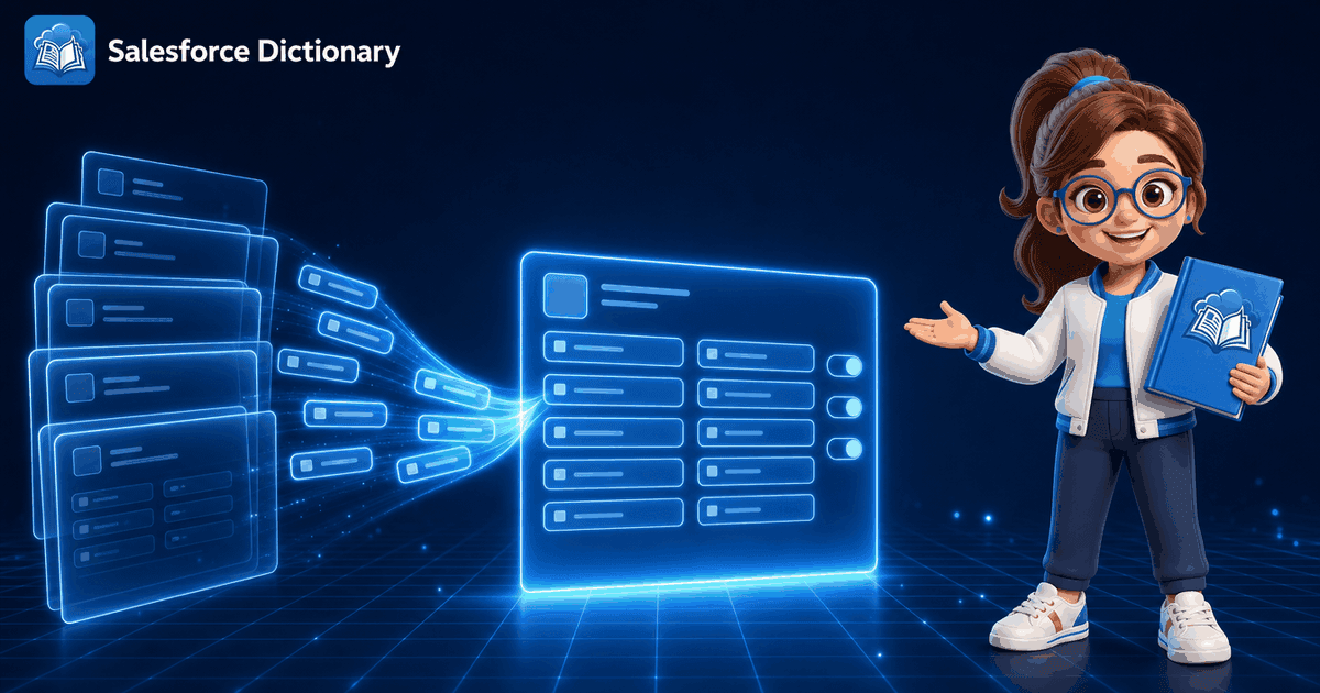 The Salesforce Dictionary mascot rebuilding a record page from page layout fields