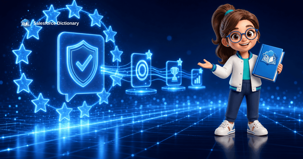 The Salesforce Dictionary mascot beside a glowing EU AI Act compliance timeline and an Agentforce disclosure panel