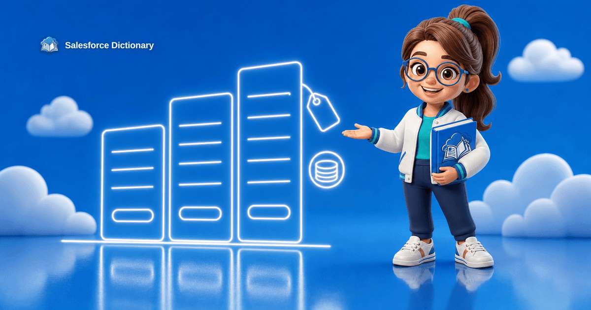 The Salesforce Dictionary mascot beside three ascending edition tiers with a price tag and credit stack