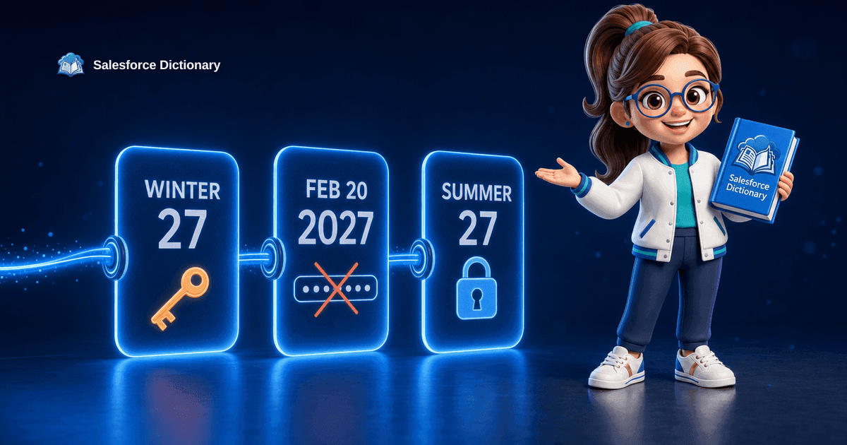 The Salesforce Dictionary mascot beside three glowing deadline gates on a data cable, marking the Winter '27, February 2027, and Summer '27 integration auth retirements