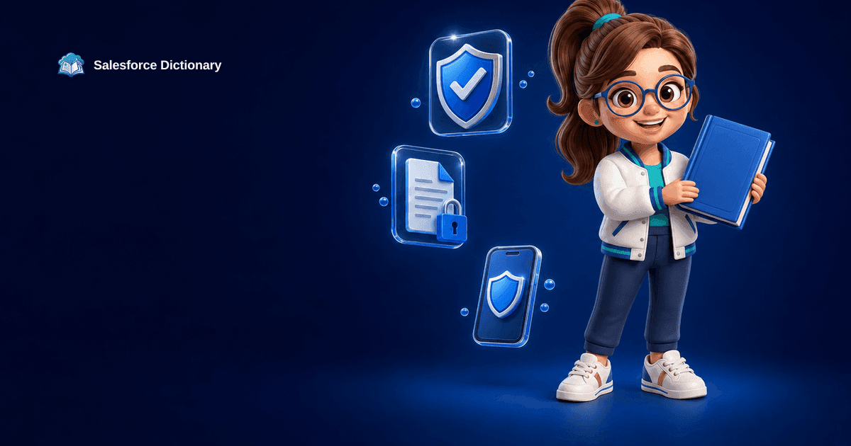 Salesforce Dictionary mascot explaining report export step-up authentication with a shield, a report export icon, and a verification prompt