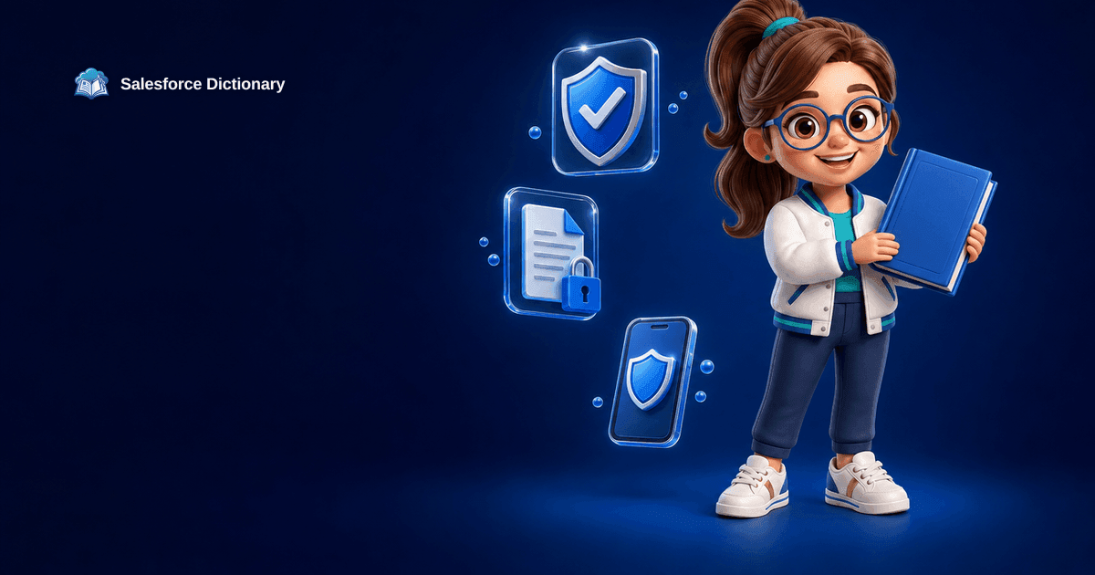 Salesforce Dictionary mascot explaining report export step-up authentication with a shield, a report export icon, and a verification prompt