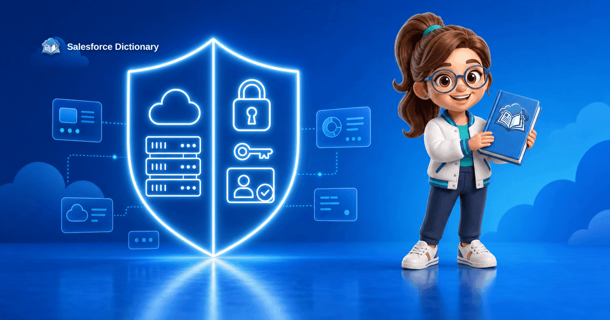 The Salesforce Dictionary mascot beside a shield split into an infrastructure half and a configuration half