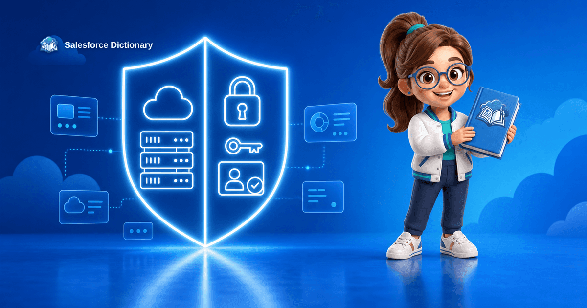 The Salesforce Dictionary mascot beside a shield split into an infrastructure half and a configuration half