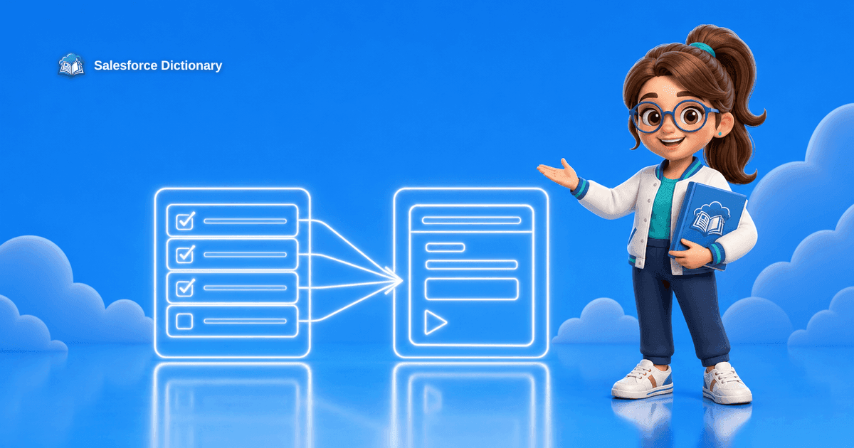 The Salesforce Dictionary mascot beside a list view feeding many selected records into one screen flow
