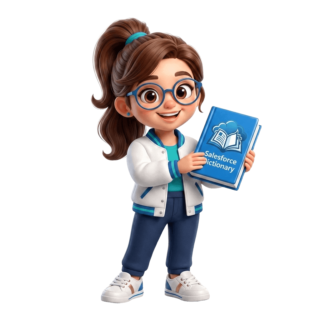 Salesforce Dictionary's friendly study companion holding the dictionary
