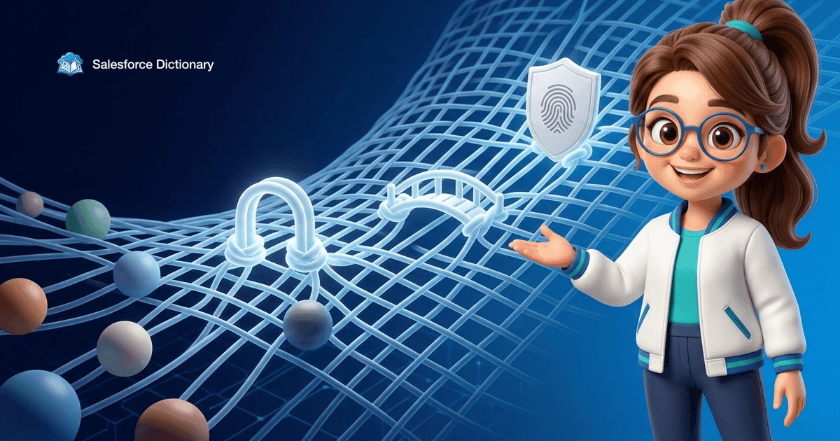 Illustration of the Salesforce Dictionary mascot beside a woven glowing mesh reinforced at an archway, a bridge span and a fingerprint shield, with loose spheres being drawn in and knitted into the weave