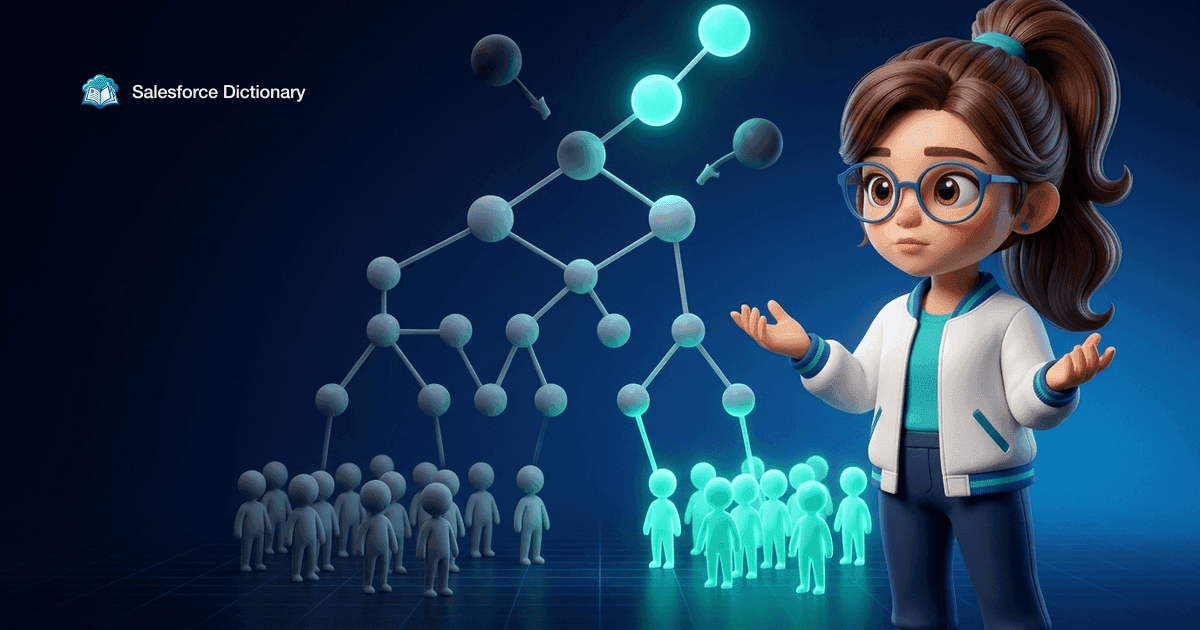 Illustration of the Salesforce Dictionary mascot watching a node tree rewire itself, two dark nodes detaching while two teal ones rise, a dim grey crowd on one side and a bright new crowd on the other