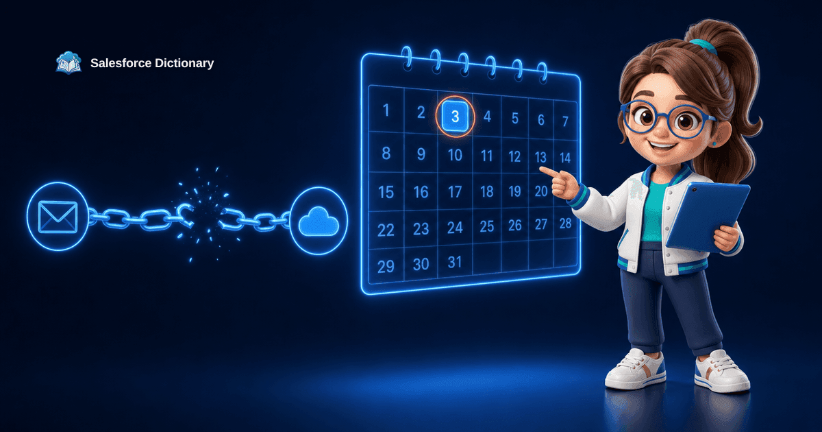 3D illustration of the Salesforce Dictionary mascot pointing at a holographic calendar with August 3 highlighted, beside a breaking link between an envelope icon and a cloud icon, marking the Microsoft Graph upgrade deadline on August 1, 2026.