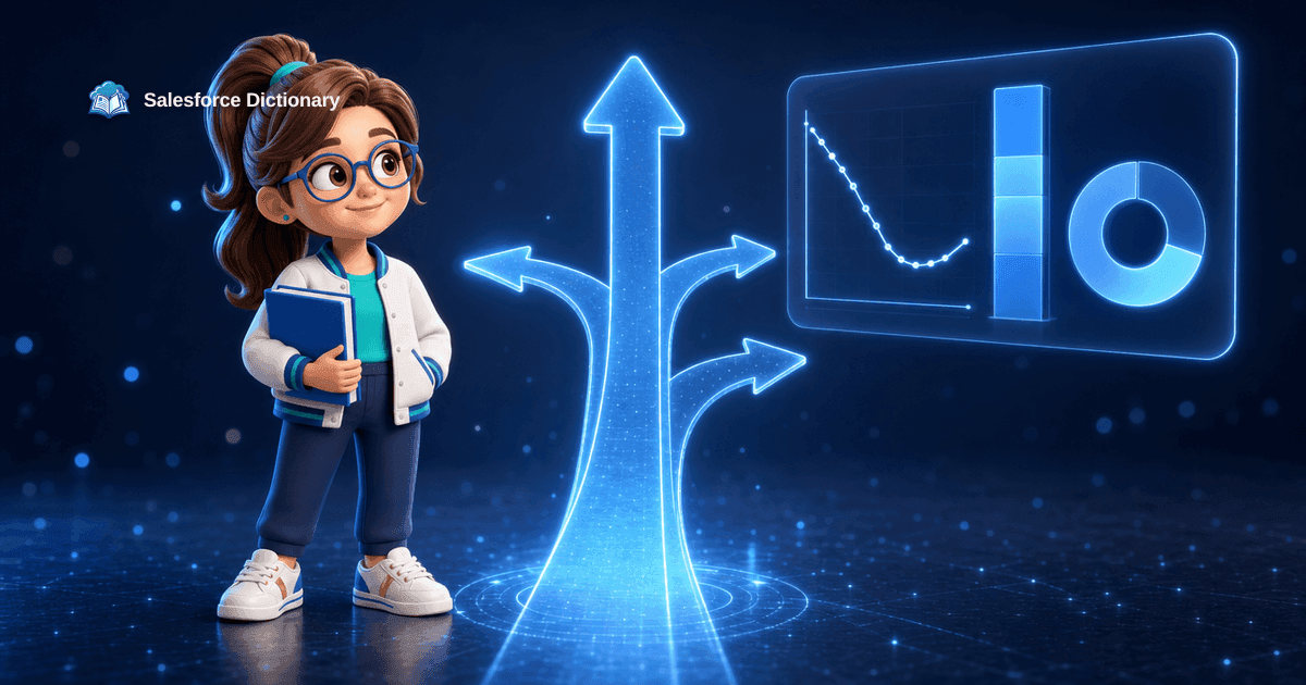 3D illustration of the Salesforce Dictionary mascot standing beside a holographic career signpost where one glowing blue path continues straight ahead and three fainter paths branch away from it, next to a floating panel showing a demand curve that collapsed and flattened under a taller supply bar, marking the August 2026 Salesforce ecosystem talent data.