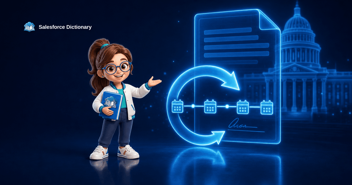 3D illustration of the Salesforce Dictionary mascot gesturing toward a glowing holographic government contract panel with a renewal loop arrow wrapped around a short calendar timeline, a faint columned government building glowing behind it, marking the August 11 2026 federal Salesforce renewal cycle.