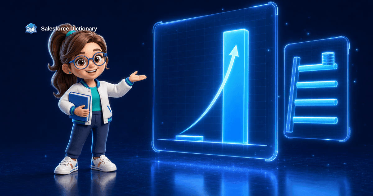 3D illustration of the Salesforce Dictionary mascot gesturing toward a glowing holographic bar chart where one bar sits flat at zero and the next rises sharply, beside a second hologram of a steady four-rung salary ladder with stacked coins, marking the August 12 2026 Salesforce architect career risk and salary data.