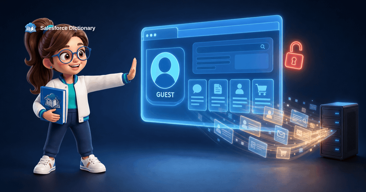 3D illustration of the Salesforce Dictionary mascot raising a cautioning hand toward a glowing holographic customer portal window marked with a guest visitor badge, with a stream of translucent data record cards flowing out of the portal toward a small dark server, marking the August 13 2026 City-Forum guest user data theft campaign against Salesforce Experience Cloud and ServiceNow.