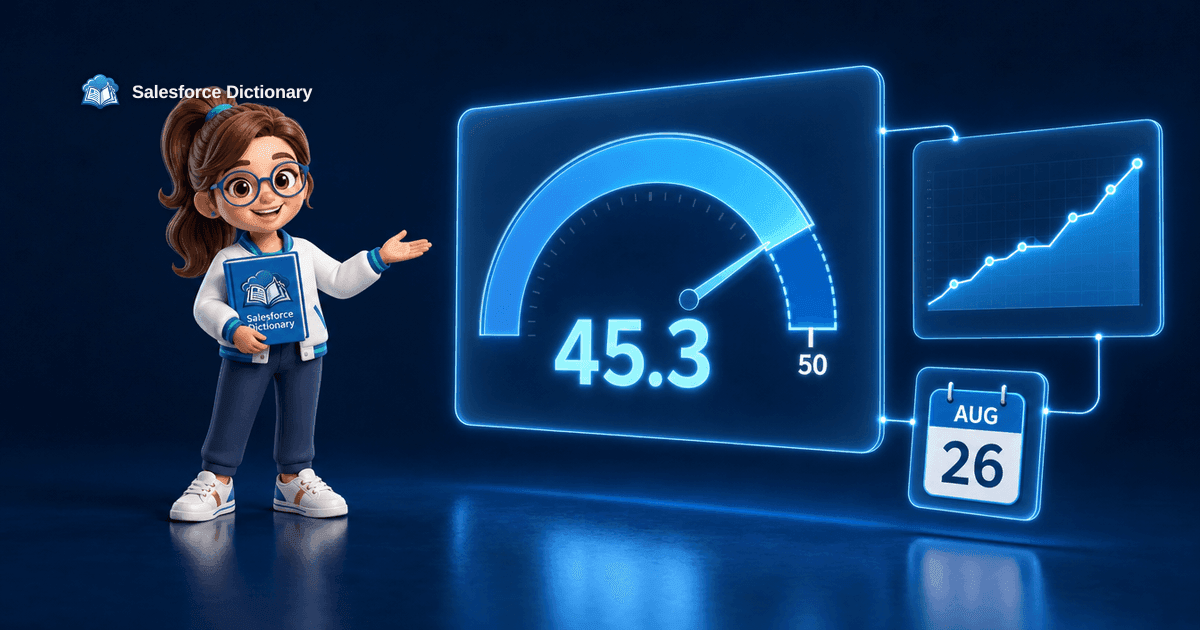 3D illustration of the Salesforce Dictionary mascot pointing at a glowing holographic gauge reading 45.3 with a marked gap to a 50 target, beside a rising analyst price target chart and a floating calendar tile showing August 26, marking the August 14 2026 Salesforce analyst split ahead of second quarter fiscal 2027 earnings.