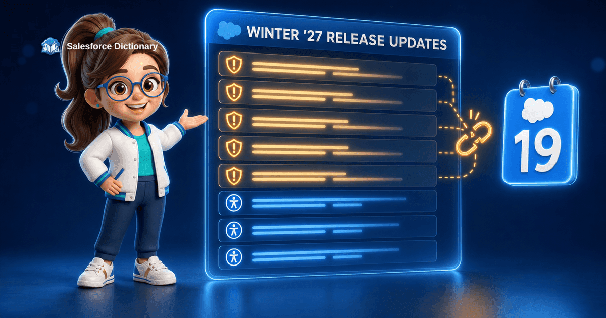 3D illustration of the Salesforce Dictionary mascot gesturing toward a glowing holographic panel headed Winter '27 Release Updates listing eight stacked rows, the top five carrying amber warning shields and the bottom three carrying blue accessibility icons, beside a floating calendar tile reading 19 and a snapped chain link, marking the August 19 2026 publication of the Salesforce Winter '27 release notes.