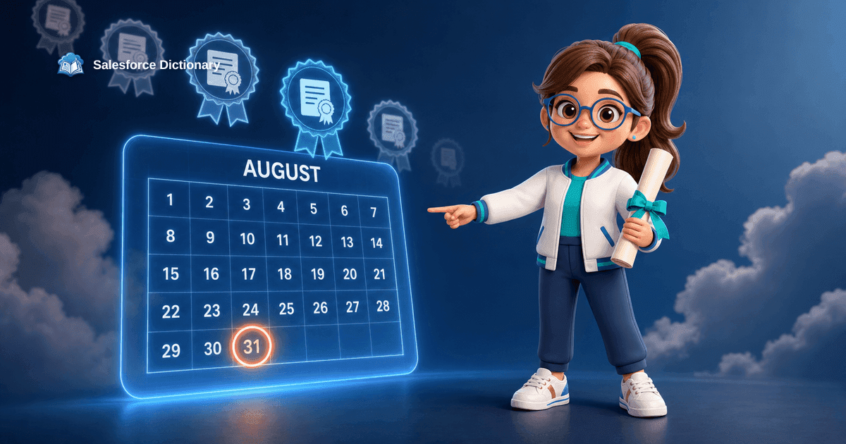 3D illustration of the Salesforce Dictionary mascot holding a certificate scroll and pointing at a glowing August calendar with the 31st circled in red while certification badges fade away behind it, dated August 2, 2026.