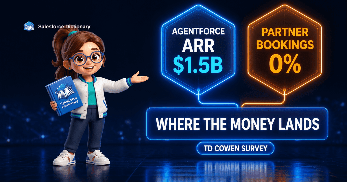 3D illustration of the Salesforce Dictionary mascot presenting two glowing holographic hexagons, a blue one reading Agentforce ARR 1.5 billion dollars and an amber one reading partner bookings 0 percent, both wired down into a wide neon panel reading where the money lands, above a pill labelled TD Cowen survey.