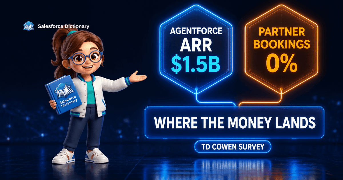 3D illustration of the Salesforce Dictionary mascot presenting two glowing holographic hexagons, a blue one reading Agentforce ARR 1.5 billion dollars and an amber one reading partner bookings 0 percent, both wired down into a wide neon panel reading where the money lands, above a pill labelled TD Cowen survey.