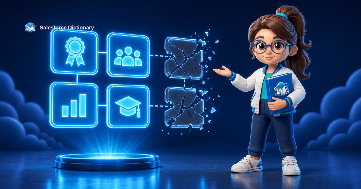 3D illustration of the Salesforce Dictionary mascot gesturing toward a holographic grid of community badges where half the tiles are dimming and breaking apart, marking the August 6, 2026 Salesforce cuts across Trailhead, Tableau, community and events.