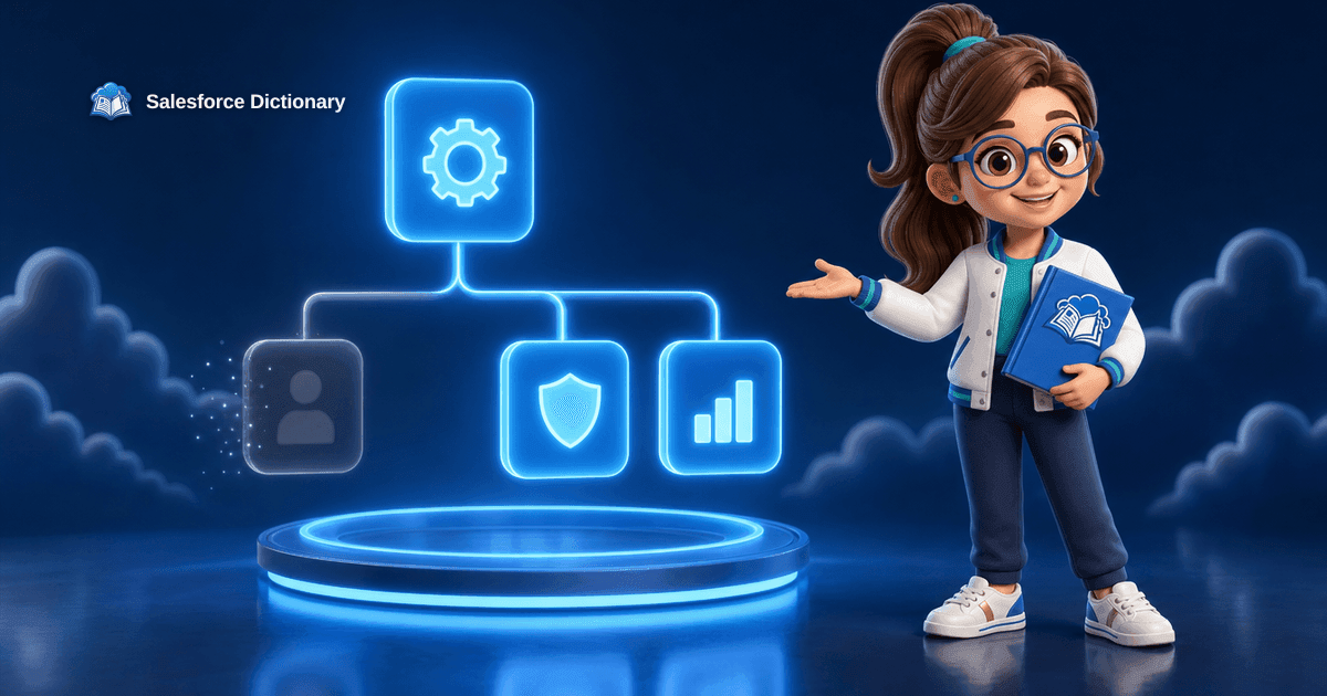 3D illustration of the Salesforce Dictionary mascot gesturing at a holographic executive org chart where one seat has gone dark and its connector lines have re-routed to two newly lit seats, marking the August 2026 Salesforce leadership shuffle.
