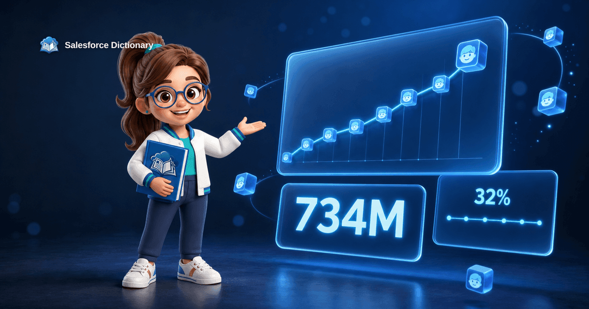3D illustration of the Salesforce Dictionary mascot standing beside a holographic dashboard of rising agent-adoption charts, with a large counter reading 734 million and a smaller panel showing a flat 32 percent escalation line, marking the August 2026 Salesforce Agentic Enterprise Index.