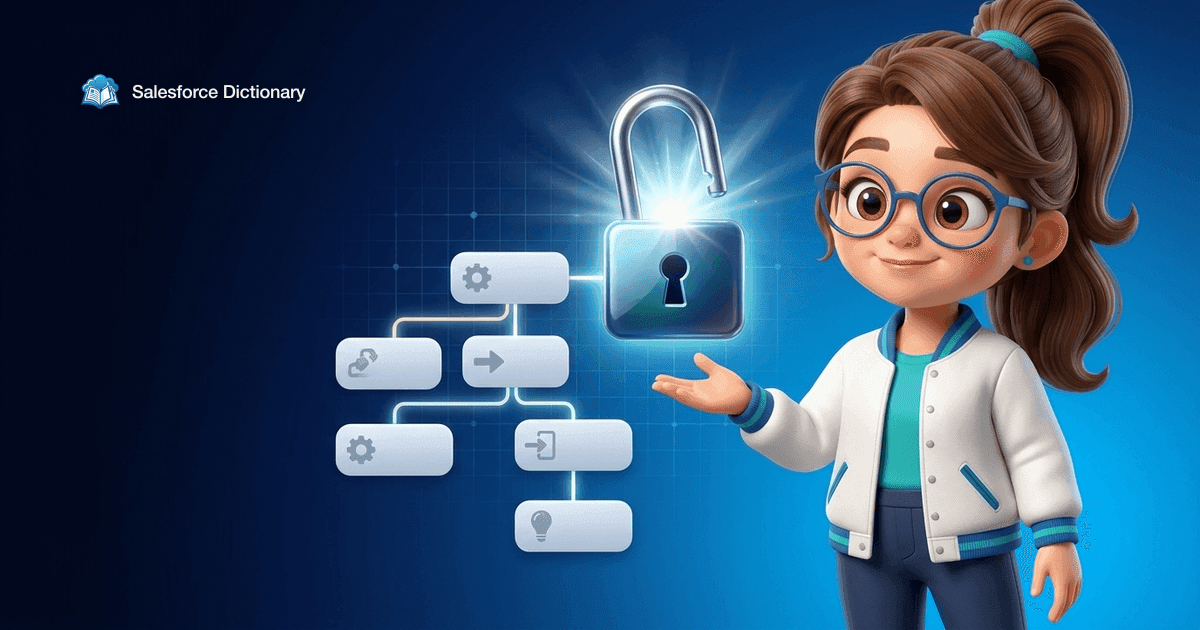 Illustration of the Salesforce Dictionary mascot beside a padlock clicking open in a burst of light while a branching flowchart of blank connected nodes assembles itself alongside