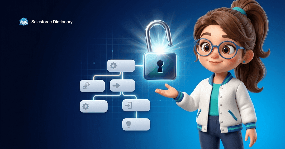 Illustration of the Salesforce Dictionary mascot beside a padlock clicking open in a burst of light while a branching flowchart of blank connected nodes assembles itself alongside