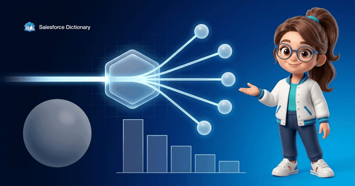 Illustration of the Salesforce Dictionary mascot beside a routing hub splitting one beam into five small glowing spheres while a larger sphere sits dimmed in reserve above a descending cost bar chart