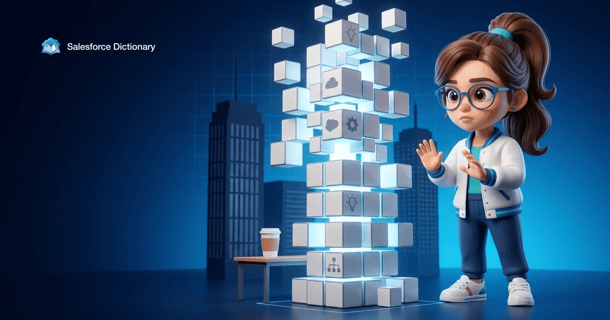 Illustration of the Salesforce Dictionary mascot raising a cautioning hand as a glowing tower of blank code blocks assembles itself above a lone coffee cup, rising past the corporate skyline behind it