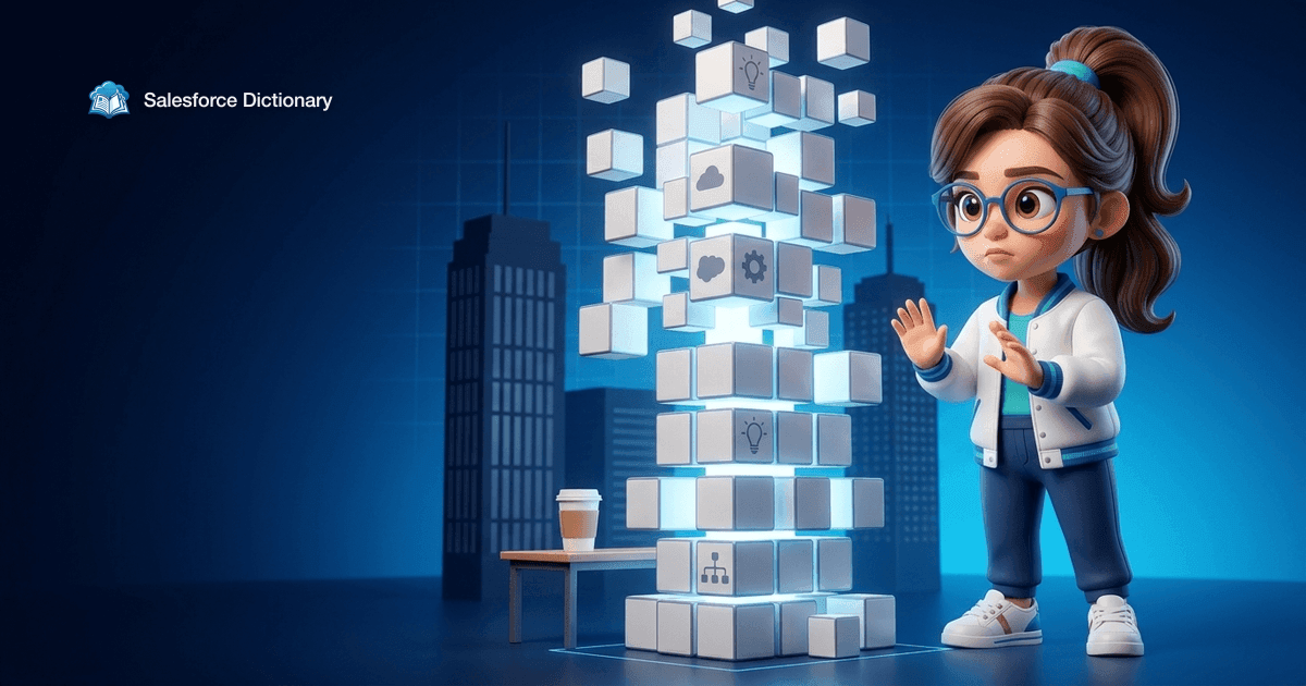 Illustration of the Salesforce Dictionary mascot raising a cautioning hand as a glowing tower of blank code blocks assembles itself above a lone coffee cup, rising past the corporate skyline behind it