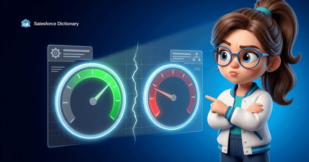 Illustration of the Salesforce Dictionary mascot with folded arms looking skeptically at two holographic gauges that disagree, one sweeping up in green and one dropping into red, split by a crack of light