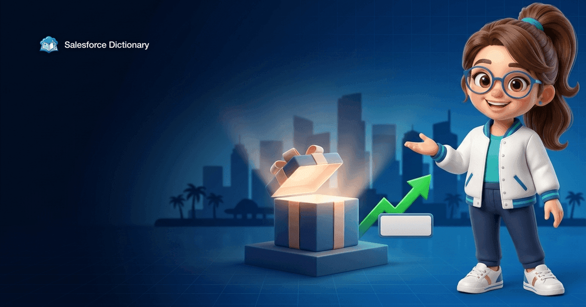 Illustration of the Salesforce Dictionary mascot presenting an open gift box spilling light in front of a palm-lined harbour skyline, with a green arrow climbing past a blank rating badge