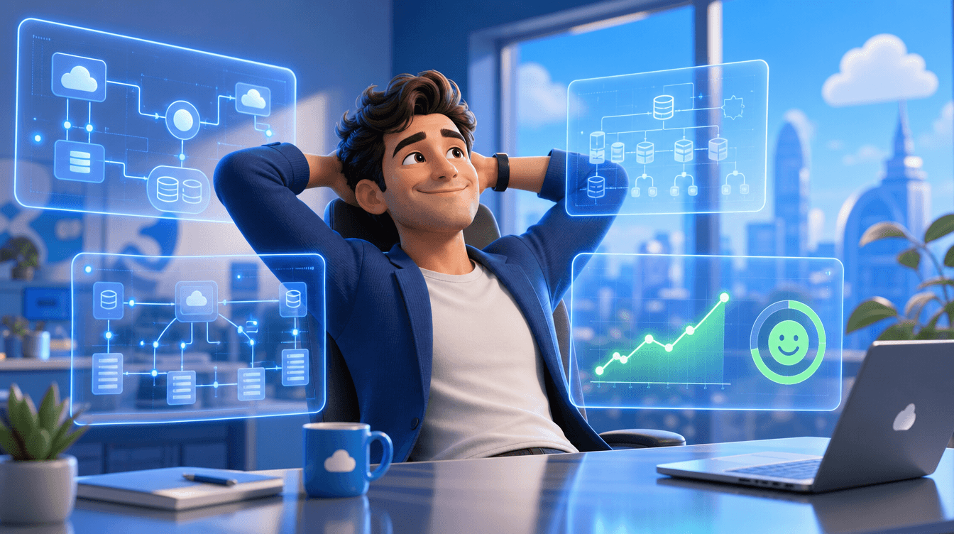 3D illustration of a relaxed Salesforce solution architect leaning back at a desk with a satisfied smile, surrounded by floating holographic architecture blueprints and a rising green satisfaction chart
