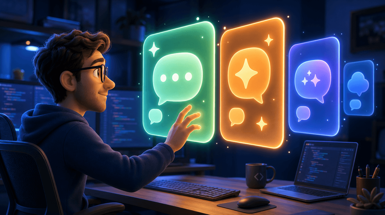 3D conceptual illustration of a developer reaching toward several glowing floating AI assistant chat panels, with two bright panels in front glowing strongest and a smaller dim cloud-blue panel pushed to the back