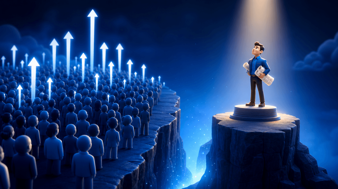 3D conceptual illustration of talent scarcity: a large dense crowd of small figures with upward demand arrows on one side, separated by a widening glowing gap from a single spotlit architect standing on a pedestal on the other side