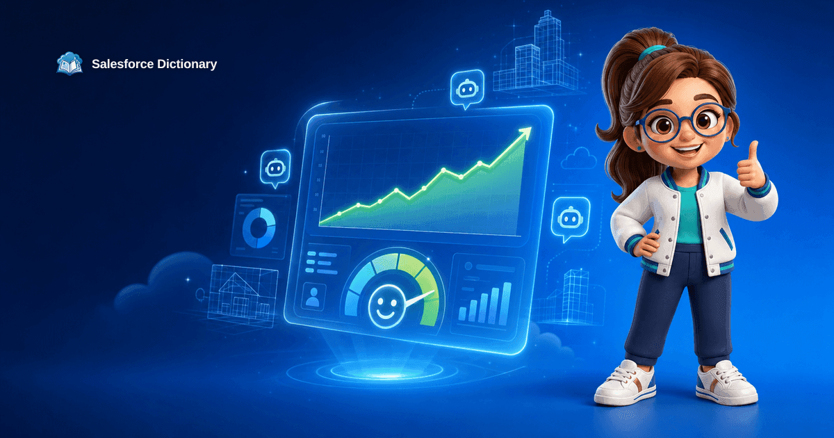 3D illustration of the cheerful Salesforce Dictionary mascot giving a thumbs up beside a rising job-satisfaction chart and holographic architecture blueprints, dated July 20, 2026.