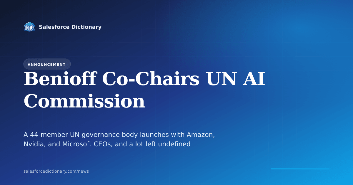 Marc Benioff co-chairs the new AI for Good Global Commission with Rwanda's President Paul Kagame, alongside CEOs of Amazon, Nvidia, Microsoft, Anthropic, and Cohere, launched July 2, 2026 ahead of the ITU Geneva summit