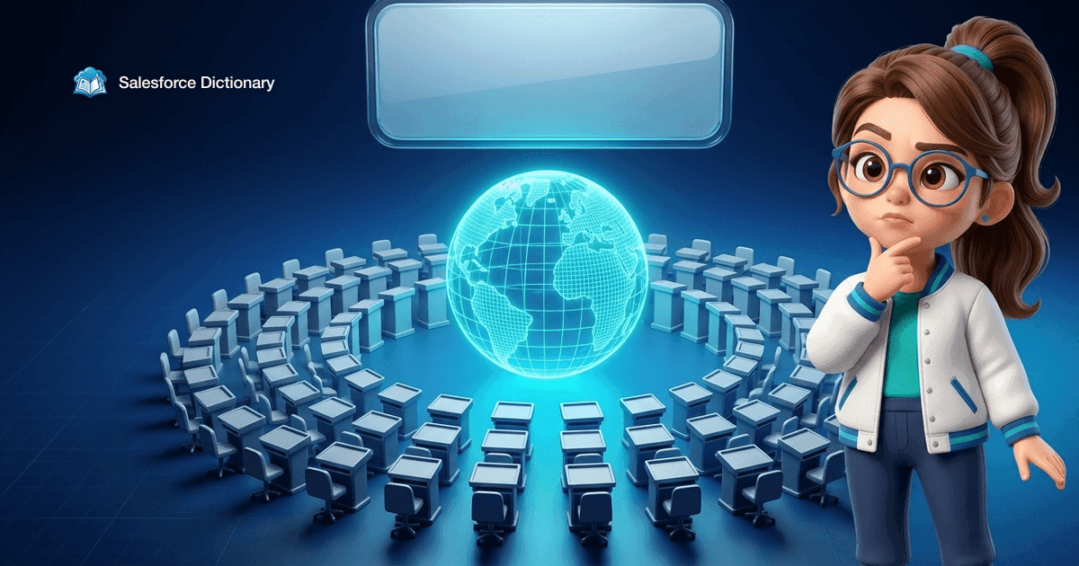 Illustration of the Salesforce Dictionary mascot looking thoughtfully at a wide ring of identical empty podium seats surrounding a glowing wireframe globe, beneath a large conspicuously blank plaque