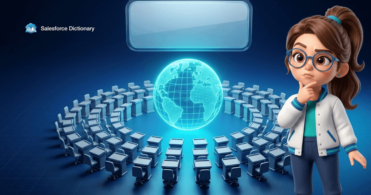 Illustration of the Salesforce Dictionary mascot looking thoughtfully at a wide ring of identical empty podium seats surrounding a glowing wireframe globe, beneath a large conspicuously blank plaque