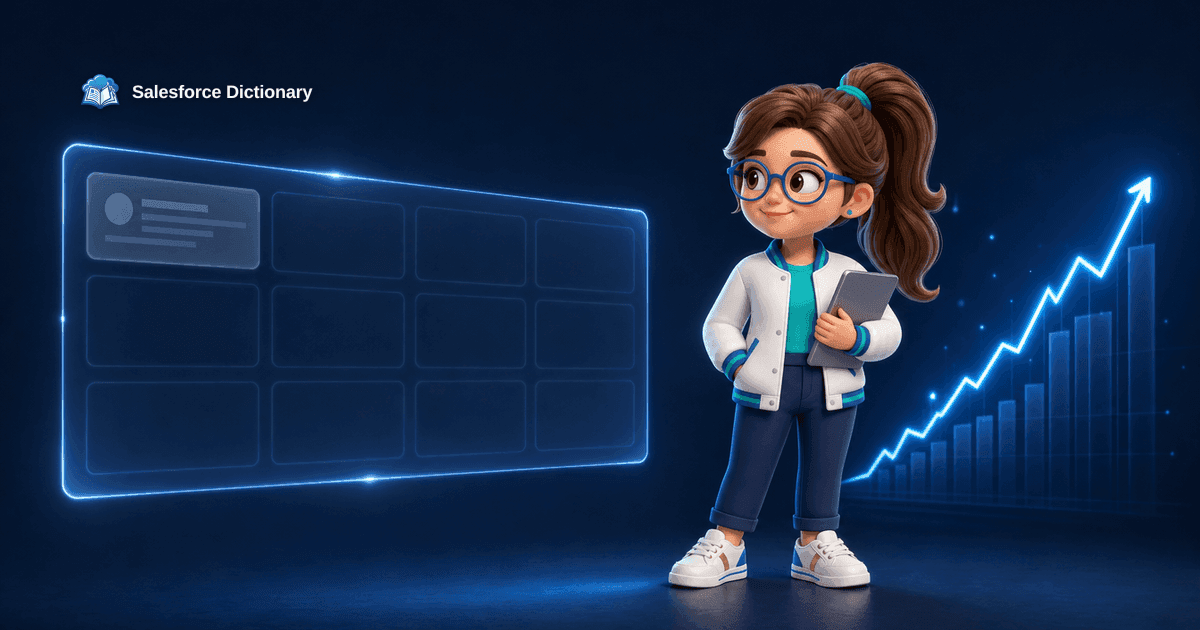 3D illustration of the Salesforce Dictionary mascot holding a tablet beside an empty job board and a rising profit-margin chart, showing AI job titles that never appeared, dated July 31, 2026.