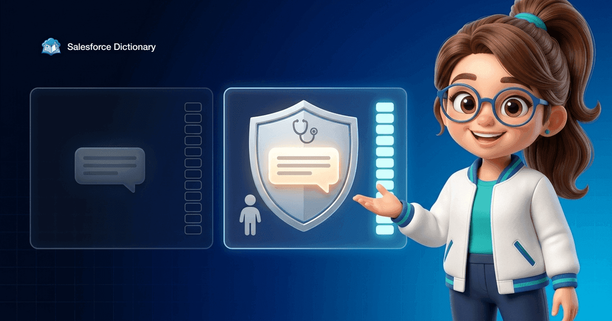 Illustration of the Salesforce Dictionary mascot comparing two panels, a lone dim chat bubble with an empty trust meter on the left and a bright chat bubble nested inside a stethoscope shield beside a human icon with a full trust meter on the right