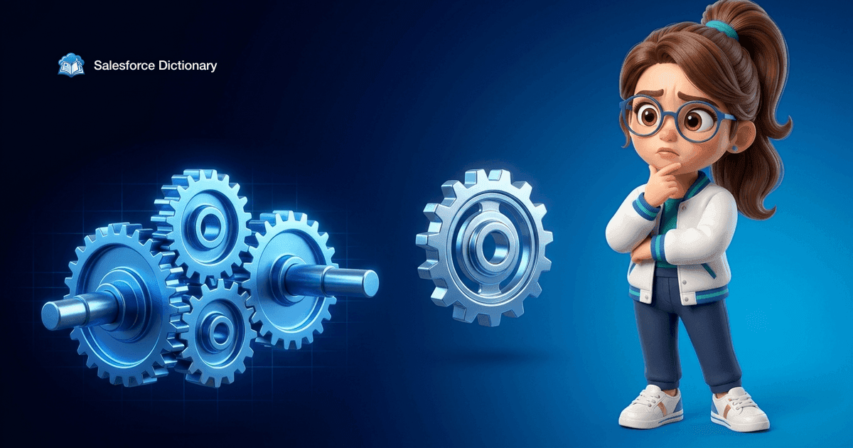 The Salesforce Dictionary mascot rests a hand on her chin with a skeptical, concerned expression beside two mechanisms: a large set of meshed blue gears driving a solid shaft, and a smaller polished gear spinning alone in mid-air with an empty gap where its teeth would engage